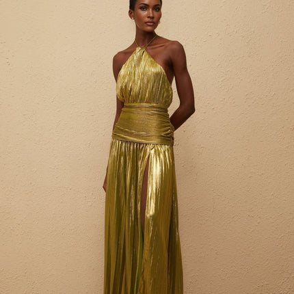 Egle Maxi Dress in Green with Metallic Threading and Pleated Design
