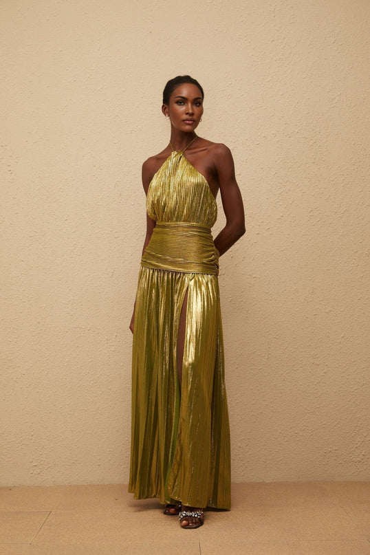 Egle Maxi Dress in Green with Metallic Threading and Pleated Design
