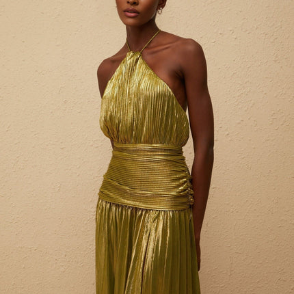 Egle Maxi Dress in Mesmerizing Green with Metallic Threading and Pleated Design