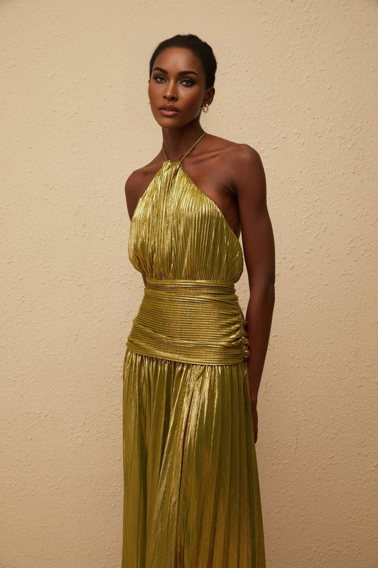 Egle Maxi Dress in Mesmerizing Green with Metallic Threading and Pleated Design