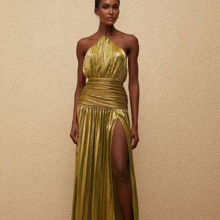 Egle Maxi Dress in Green with Metallic Threading and Pleated Design