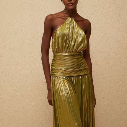Egle Maxi Dress in Green with Metallic Threading and Pleated Design