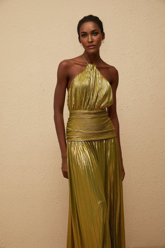 Egle Maxi Dress in Green with Metallic Threading and Pleated Design