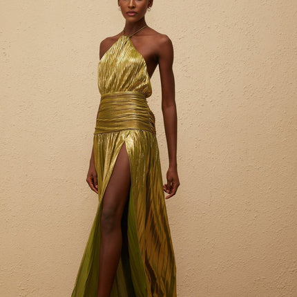 Egle Maxi Dress in Mesmerizing Green with Metallic Threading and Pleated Design