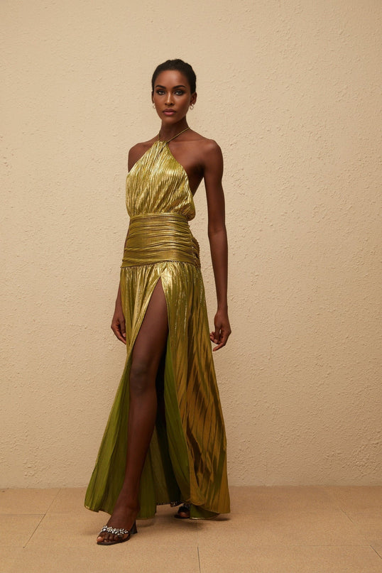 Egle Maxi Dress in Mesmerizing Green with Metallic Threading and Pleated Design