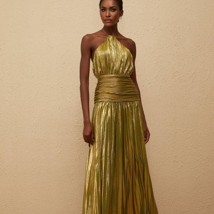 Egle Maxi Dress in Mesmerizing Green with Metallic Threading and Pleated Design