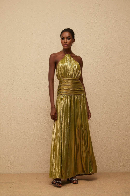 Egle Maxi Dress in Mesmerizing Green with Metallic Threading and Pleated Design