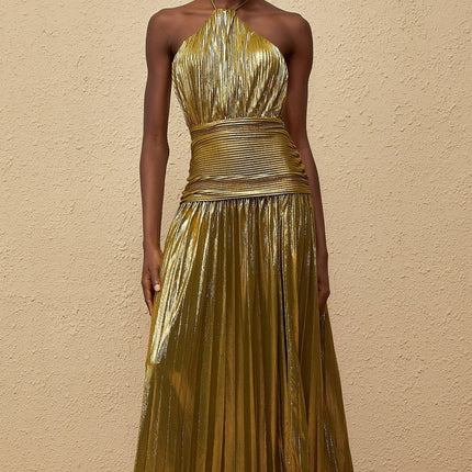 Egle Maxi Dress in Mesmerizing Green Glossy Finish Metallic Threading Halterneck Sleeveless Open Back Side Slit Fitted Waistline Rear Zip Fastening Statement Piece