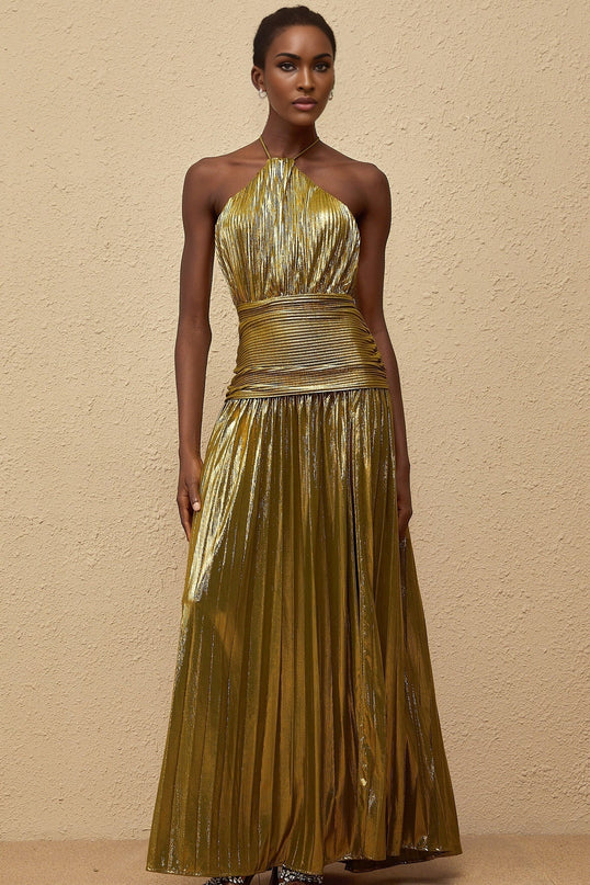 Egle Maxi Dress in Mesmerizing Green Glossy Finish Metallic Threading Halterneck Sleeveless Open Back Side Slit Fitted Waistline Rear Zip Fastening Statement Piece
