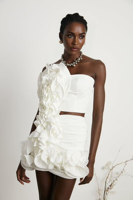 Egle White Ruffled Asymmetric Mini Dress