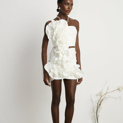 Egle White Ruffled Asymmetric Mini Dress