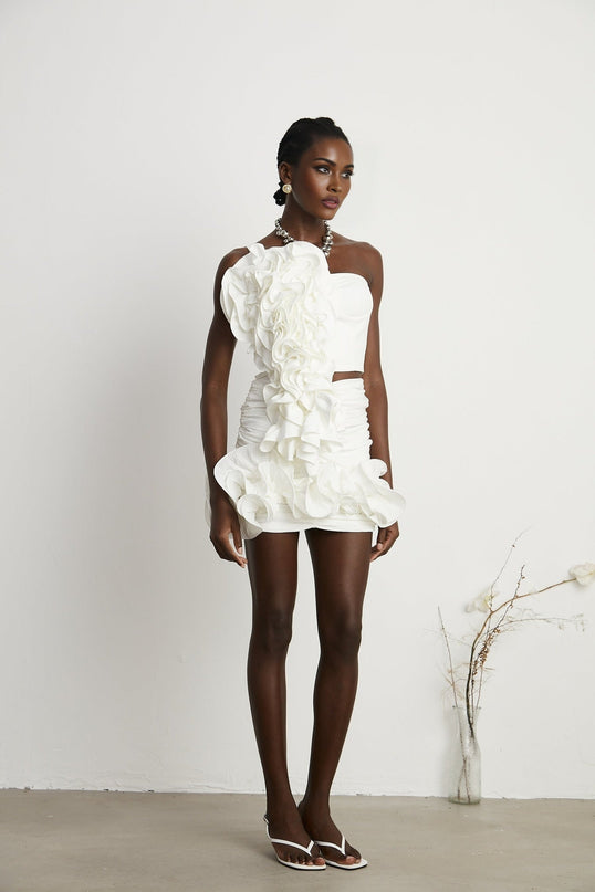 Egle White Ruffled Asymmetric Mini Dress