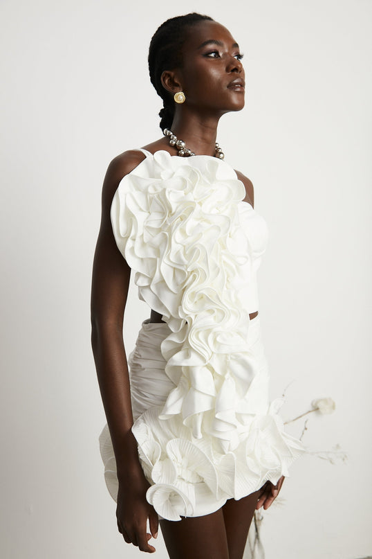Egle White Ruffled Asymmetric Mini Dress