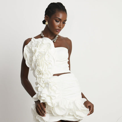 Egle White Ruffled Asymmetric Mini Dress