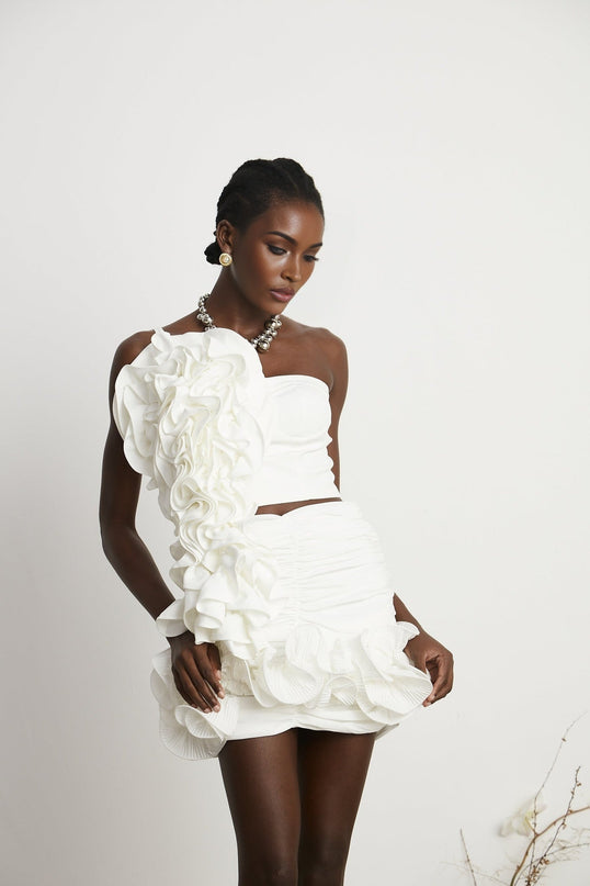 Egle White Ruffled Asymmetric Mini Dress