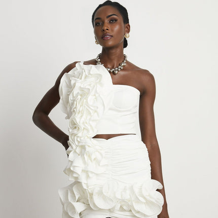 Egle White Ruffled Asymmetric Mini Dress