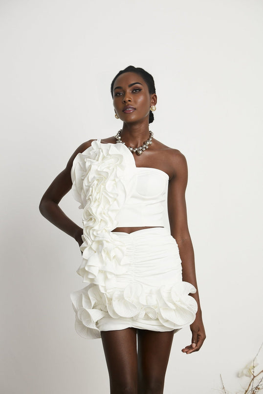 Egle White Ruffled Asymmetric Mini Dress