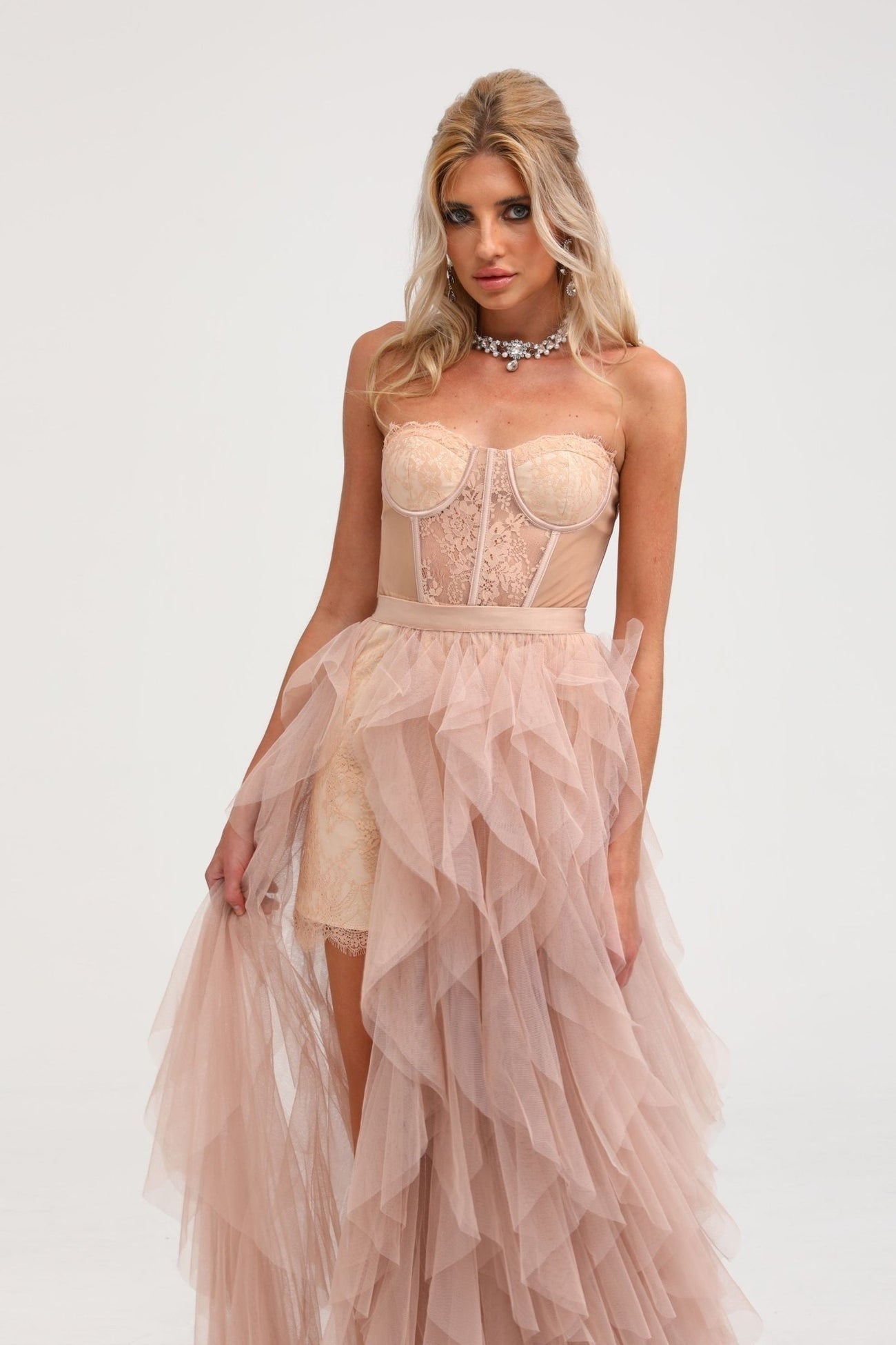 Eilís pink bustier mesh maxi dress