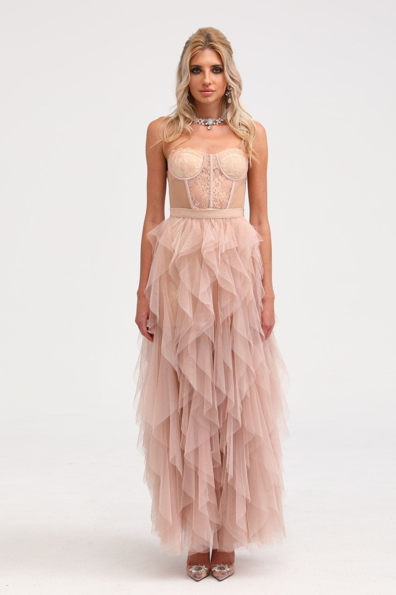 Eilís pink bustier mesh maxi dress