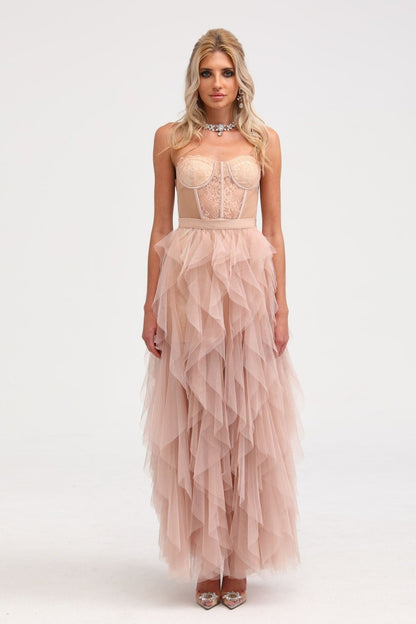 Eilís pink bustier mesh maxi dress