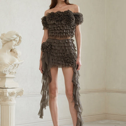 Eini Grey Ruffled Tulle Top & Skirt Set for Women