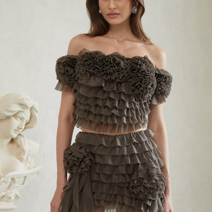 Eini Grey Ruffled Tulle Top & Skirt Set