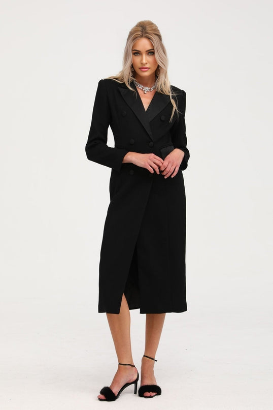 Eithne Black Wool Blend Double-breasted Coat with Notched Lapels and Covered Button Closure