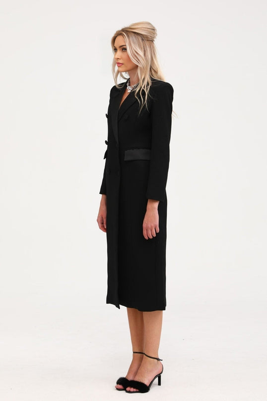 Eithne Black Wool Blend Double-breasted Coat with Notched Lapels and Covered Button Closure