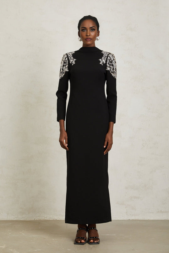 Elaina Black Crystal Embellished Maxi Dress with Open Back Design