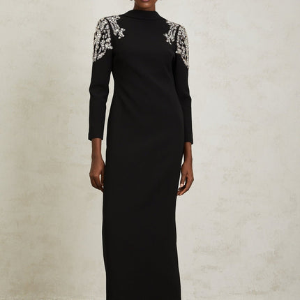 Elaina Black Crystal Embellished Maxi Dress with Open Back Design