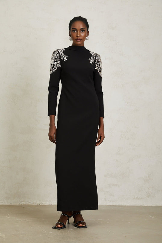 Elaina Black Crystal Embellished Maxi Dress with Open Back Design