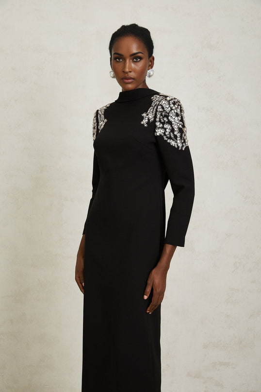 Elaina Black Crystal Embellished Maxi Dress with Open Back Design and Shawl Lapels