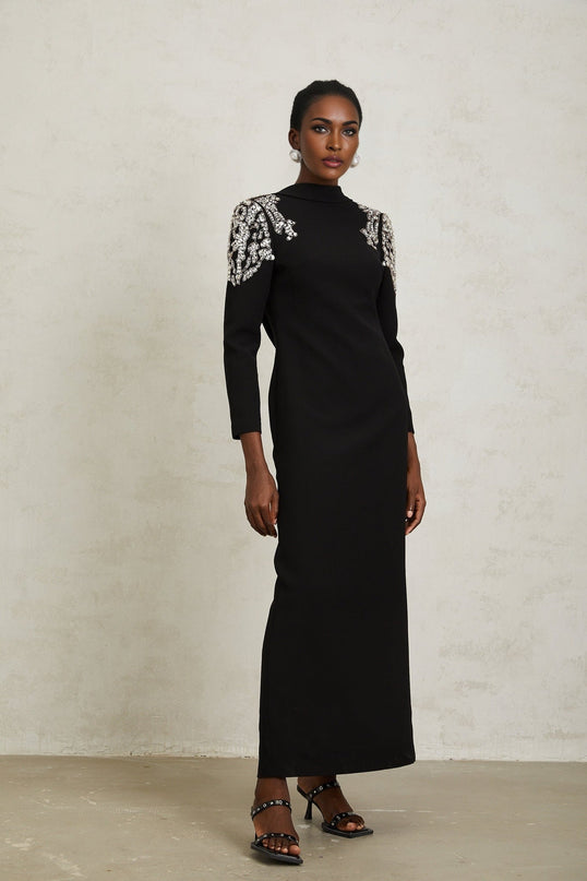 Elaina Black Crystal Embellished Maxi Dress with Open Back Design