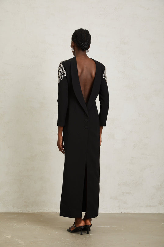Elaina Black Crystal Embellished Maxi Dress with Open Back Design Shawl Lapels and Long Sleeves