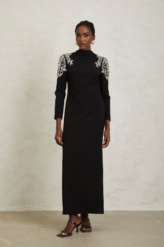 Elaina Black Crystal Embellished Maxi Dress with Open Back Design Shawl Lapels and Long Sleeves for Upscale Events