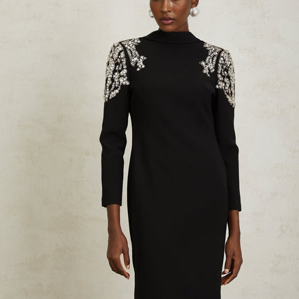 Elaina Black Crystal Embellished Maxi Dress with Open Back Design