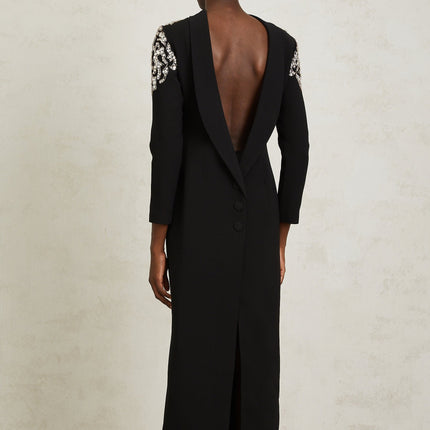 Elaina Black Crystal Embellished Maxi Dress with Open Back and Shawl Lapels