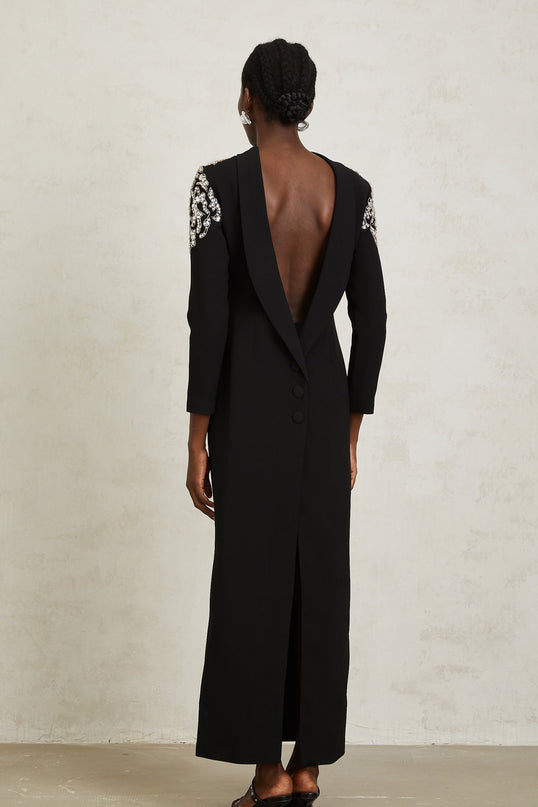 Elaina Black Crystal Embellished Maxi Dress with Open Back and Shawl Lapels