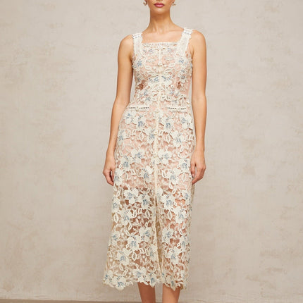 Elaina White Lace Crystal Buttons Midi Dress