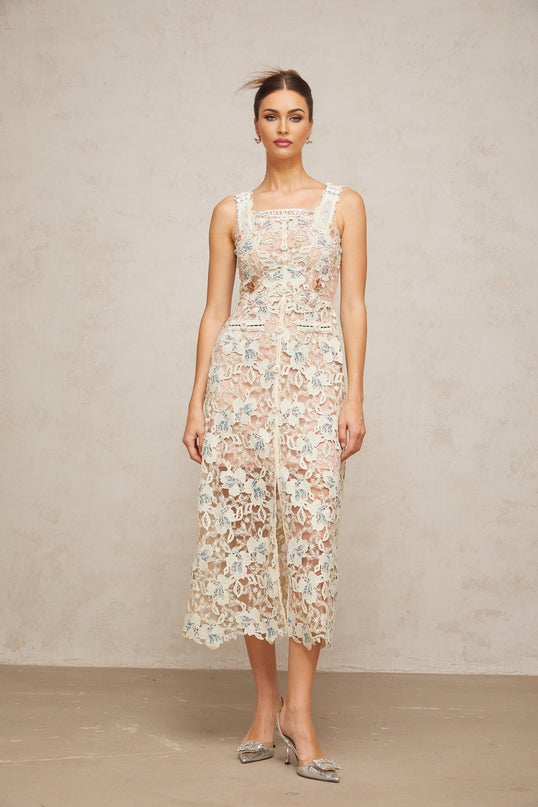 Elaina White Lace Crystal Buttons Midi Dress