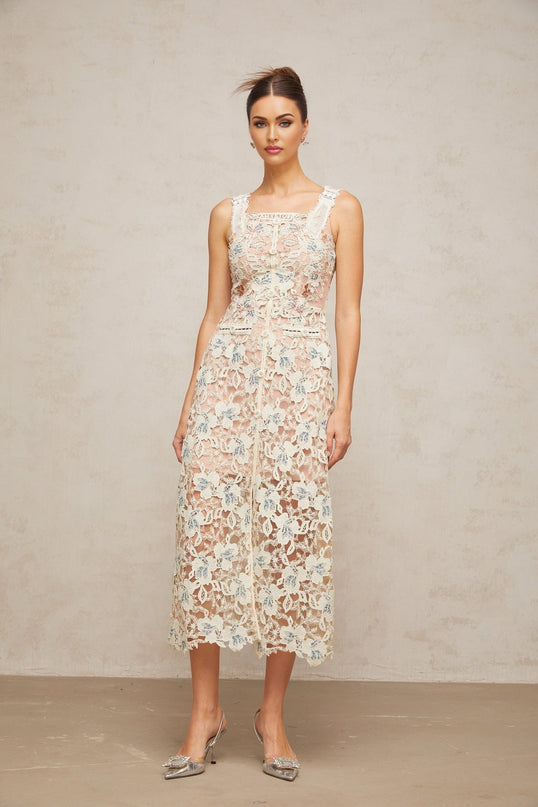 Elaina White Lace Midi Dress Calf-length