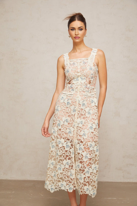 Elaina White Lace Midi Dress Calf-length