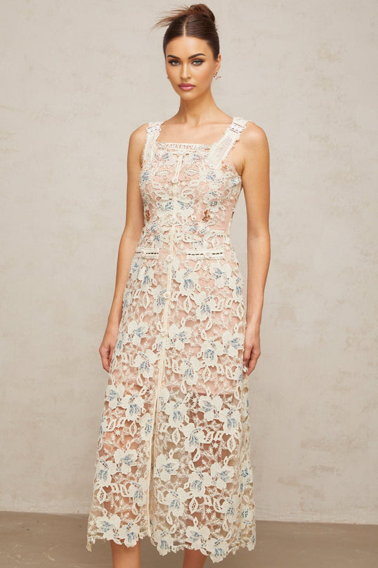 Elaina White Lace Midi Dress Calf-length
