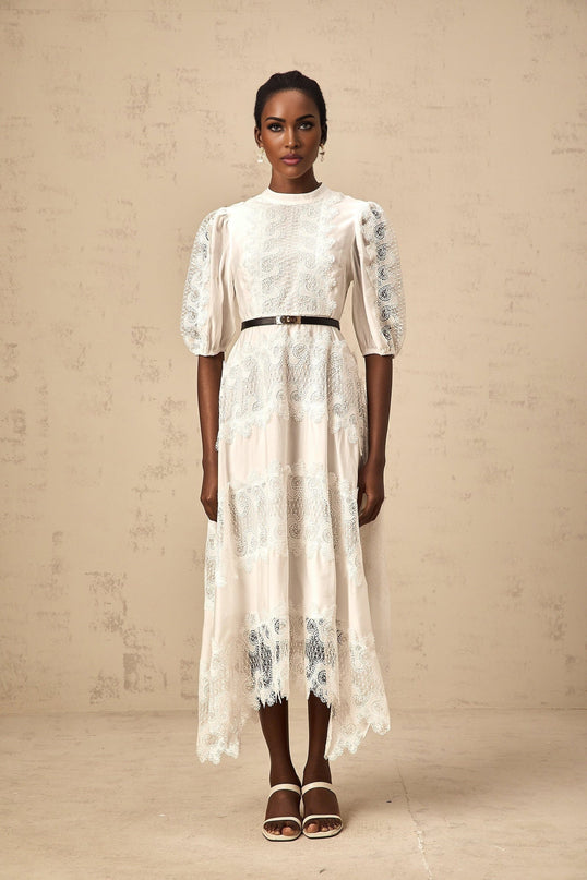 Elaina White Lace-trim Panelled Belted Midi Dress
