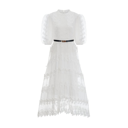 Elaina White Lace-trim Panelled Belted Midi Dress