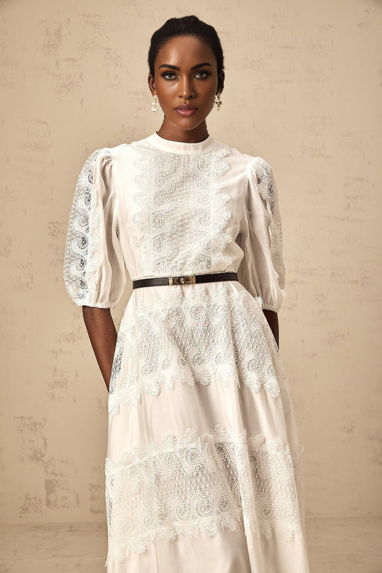 Elaina White Lace-trim Panelled Belted Midi Dress