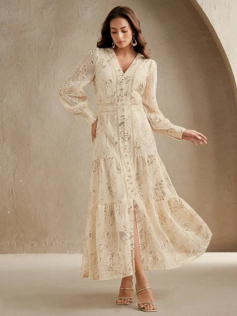 Elaire Spring Elegant Textured Sequin Fabric VNeck Long Sleeve Dress Vacation Beach Casual Old