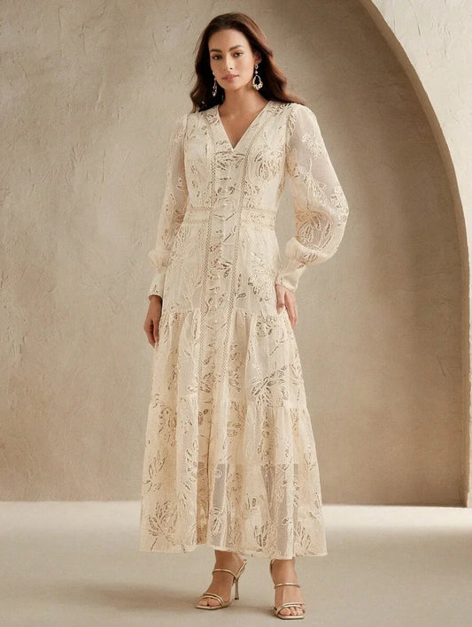 Elaire Spring Elegant Textured Sequin Fabric VNeck Long Sleeve Dress Vacation Beach Casual Old