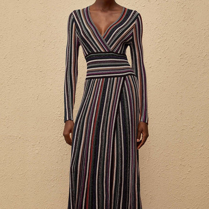 Elda Black Metallic Stripe Maxi Dress Viscose Nylon Elastane