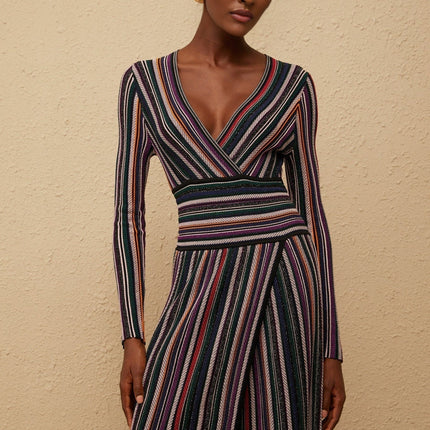 Elda Black Metallic Stripe Maxi Dress Viscose Nylon Elastane